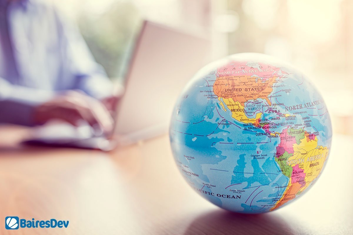 Globe showing Latin America and Software Developer Working at an Office